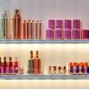 Makeup shelves with variety of products